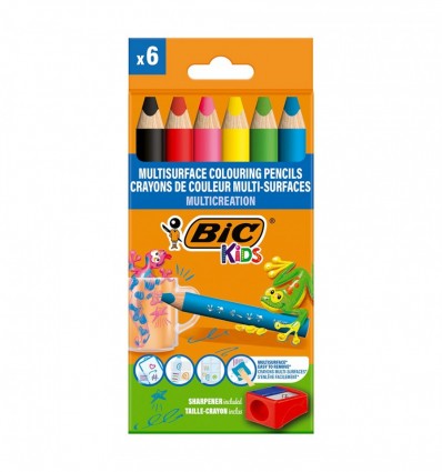 Олівці кольорові "Multisurface", 6 шт + стругачка