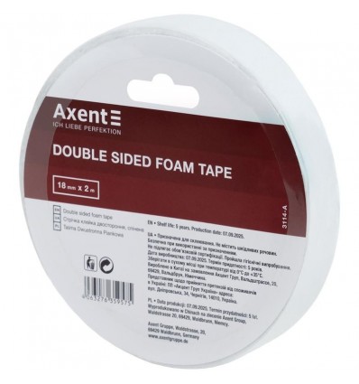 Стрічка клейка двостороння Axent 3114-A, 18 мм х 2 м, спінена, в індивідуальному пакуванні