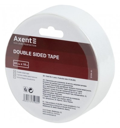 Лента клейкая двухсторонняя Axent 3104-A, 24 мм х 10 м, в индивидуальной упаковке