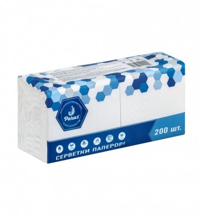 Серветки столові паперові 22х24 см, 200 шт., в п/п упаковці, білі Parus