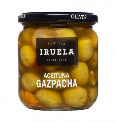 Оливки Iruella Gazpacha зелені з кісточкою у маринаді з овочами та спеціями 0.37л