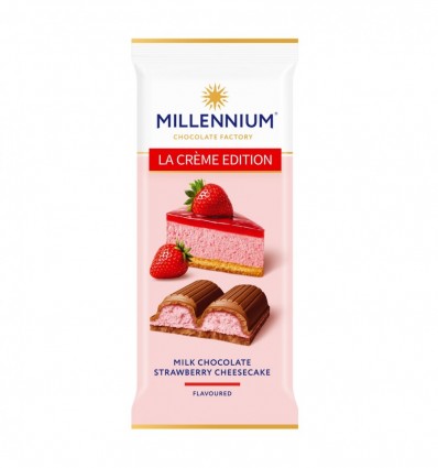 Шоколад Millennium La Creme Edition молочний з кремовою начинкою зі смаком Полуничний Чізкейк 100г