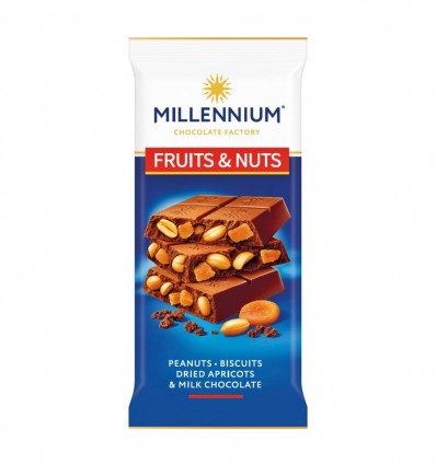 Шоколад Millennium Fruits&Nuts молочный с арахисом, бисквитом, курагой и миндалем 90г