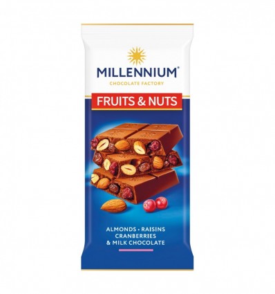 Шоколад Millennium Fruits&Nuts молочный с миндалем, клюквой и изюмом 90г