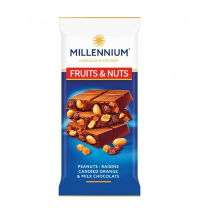 Шоколад Millennium Fruits&Nuts молочный с арахисом, цукатами, изюмом и миндалем 90г