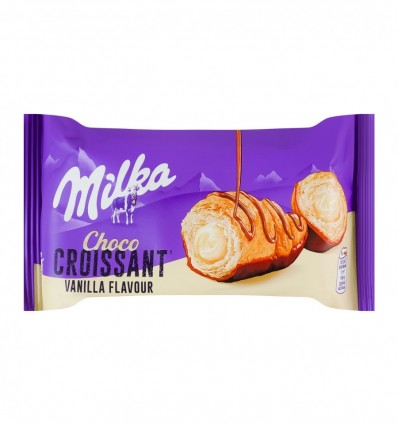 Круасан Milka с начинкой со вкусом ванили снизу глазированный и сверху декорированный молочным шокол