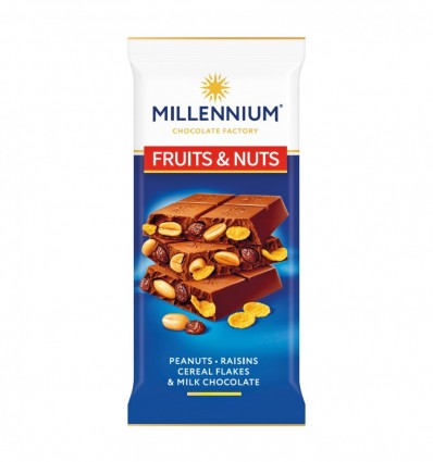 Шоколад Millennium Fruits&Nuts с арахисом, изюмом, злаковыми хлопьями и миндалем 90г