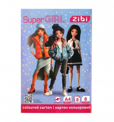 Картон кольоровий двосторонній (целюлозний) SUPER GIRL, А4, 8 кольорів - 8 аркушів, 200 г/м2