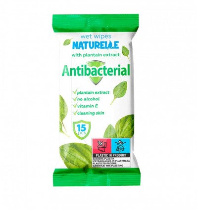 Серветки вологі, Аntibacterial, з екстрактом листя подорожника, 15шт., NATURELLE (san.90175)