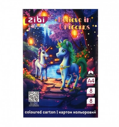 Картон цветной двусторонний (целлюлозный) UNICORN, А4, 8 цветов - 8 листов, 200 г/м2