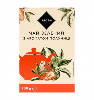Чай Rioba зеленый с ароматом земляники. Земляника со сливками 100г.