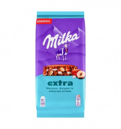 Milka Шоколад Экстра молочный с миндалем, фундуком и кусочками кокосового печенья 130г