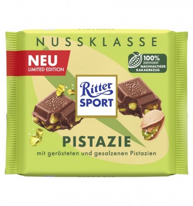 Ritter Sport Шоколад молочний з підсмаженими солоними шматочками фісташок 100г