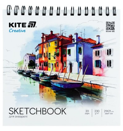 Скетчбук для акварелі, 21*21 см, 20 арк.,спір, Kite Creative , K-1285