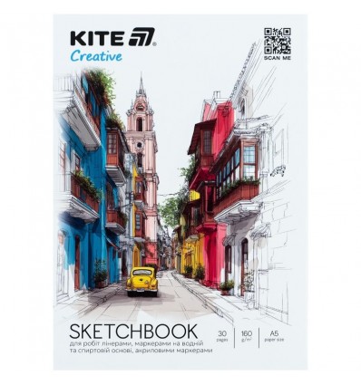 Скетчбук для работ маркерами, A5, 30 л., Kite Creative, K-1280
