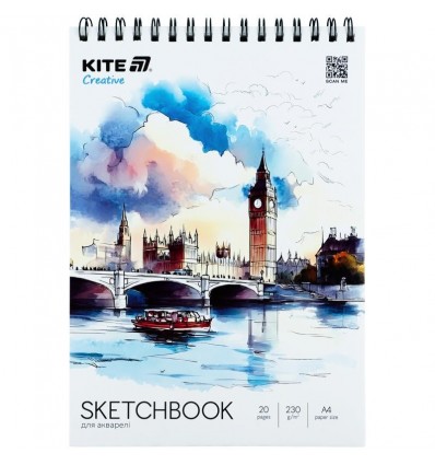 Скетчбук для акварелі, A4, 20 арк., спіраль, Kite Creative , K-1284