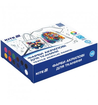 Краски акриловые для ткани, 12 цветов, 20 мл, Kite Creative, K-276