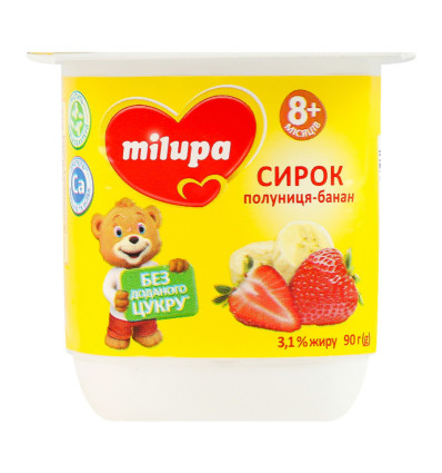 Milupa Сырок Клубника-банан с бифидобактериями с наполнителем для детей от 8-ми месяцев 3.1% 90г