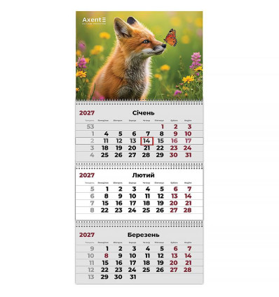 Календар настінний квартальний 2027 р.,3 пр. Animals 1 , 8803-27-31-A