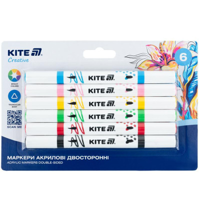 Маркери акрилові двосторонні, 6шт Kite Creative , K-1293
