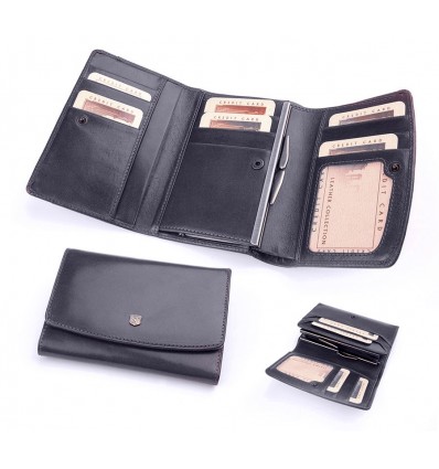 Бумажник женский из итальянской кожи,цвет:черный,размер:100 х 135 мм