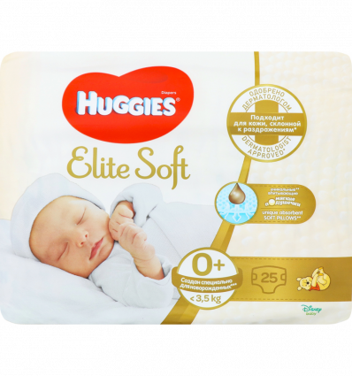 Подгузники Huggies Elite Soft 0+ размер для детей 3,5кг 25шт