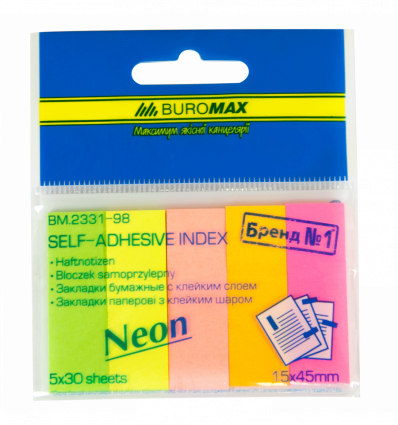 Закладки паперові NEON, 45x15 мм, 5 кол. по 30 арк. ( BM.2331-98 )