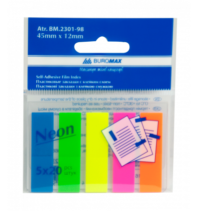 Закладки пластикові NEON, JOBMAX, з клейким шаром, 45x12 мм, 5 кол.по 20 арк. ( BM.2301-98 )