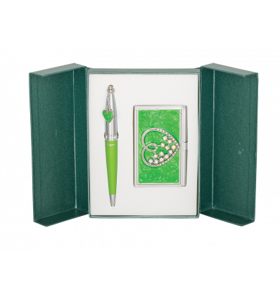 Набор подарочный "Crystal Heart": ручка шариковая + визитница, зеленый