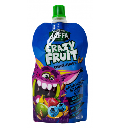 Десерт фруктовый Jaffa Crazy Fruit Смузи-пюре из бананов яблок черники и клубники перетертых со злак