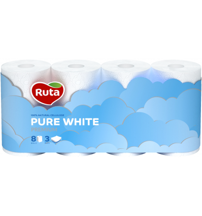 Туалетная бумага Ruta Pure white premium трехслойная, 8 рул