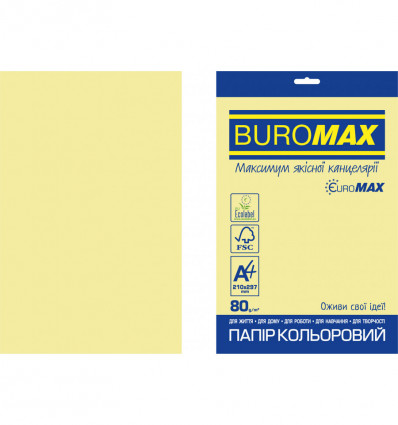 Цветная бумага BUROMAX PASTEL желтая А4 80г/м² 20л (BM.2721220E-08)