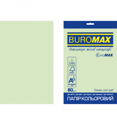 Кольоровий папір BUROMAX PASTEL світло-зелений А4 80г/м² 20 аркушів ( BM.2721220E-15 )