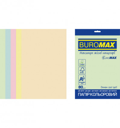 Цветная бумага BUROMAX PASTEL ассорти А4 80г/м² 20л (BM.2721220E-99)