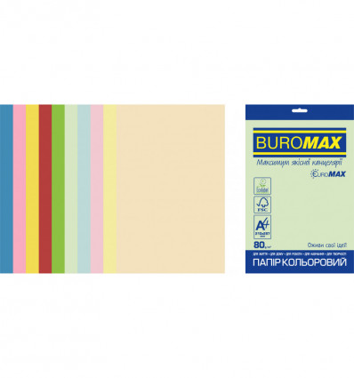 Кольоровий папір BUROMAX PASTEL+INTENSIVE EUROMAX асорті А4 80г/м² 50арк (BM.2721650E-99)