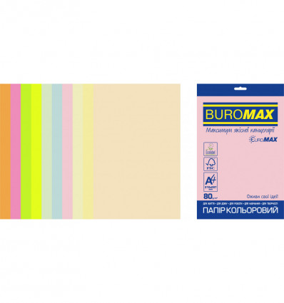 Цветная бумага BUROMAX PASTEL+NEON EUROMAX ассорти А4 80г/м² 20л (BM.2721720E-99)