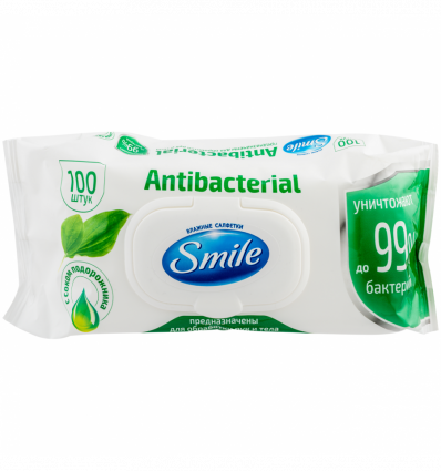 Салфетки влажные Smile Antibacterial с подорожником 100шт/уп