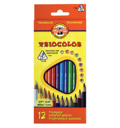 Олівці кольорові KOH-I-NOOR TRIOCOLOR, 12 кольорів, картонна упаковка, тригранна ергономічна форма к