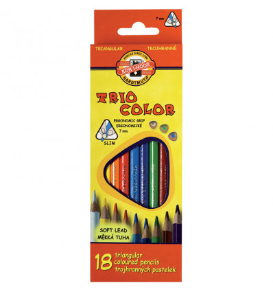 Олівці кольорові KOH-I-NOOR TRIOCOLOR, 18 кольорів, картонна упаковка, тригранна ергономічна форма к