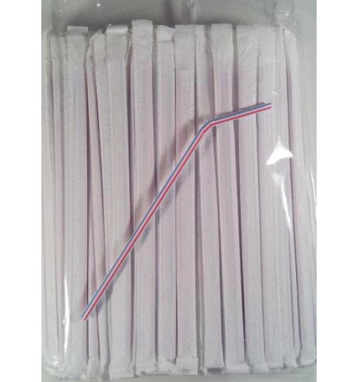 Трубочки полосатые, разноцветные с гофрой 21см 200шт (индивидуальная бумажная упаковка)