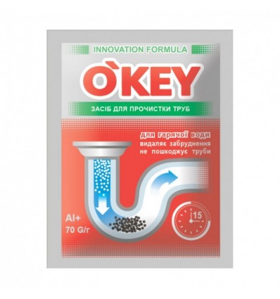 O'KEY, гранулированный средство для прочистки труб (горячая вода) 70г