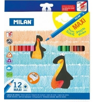 Олівці кольорові Milan MAXI, 12 кольорів, трикутні, товстий стержень, з точила