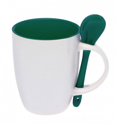 Чашка с ложкой 300мл, бело-зеленая